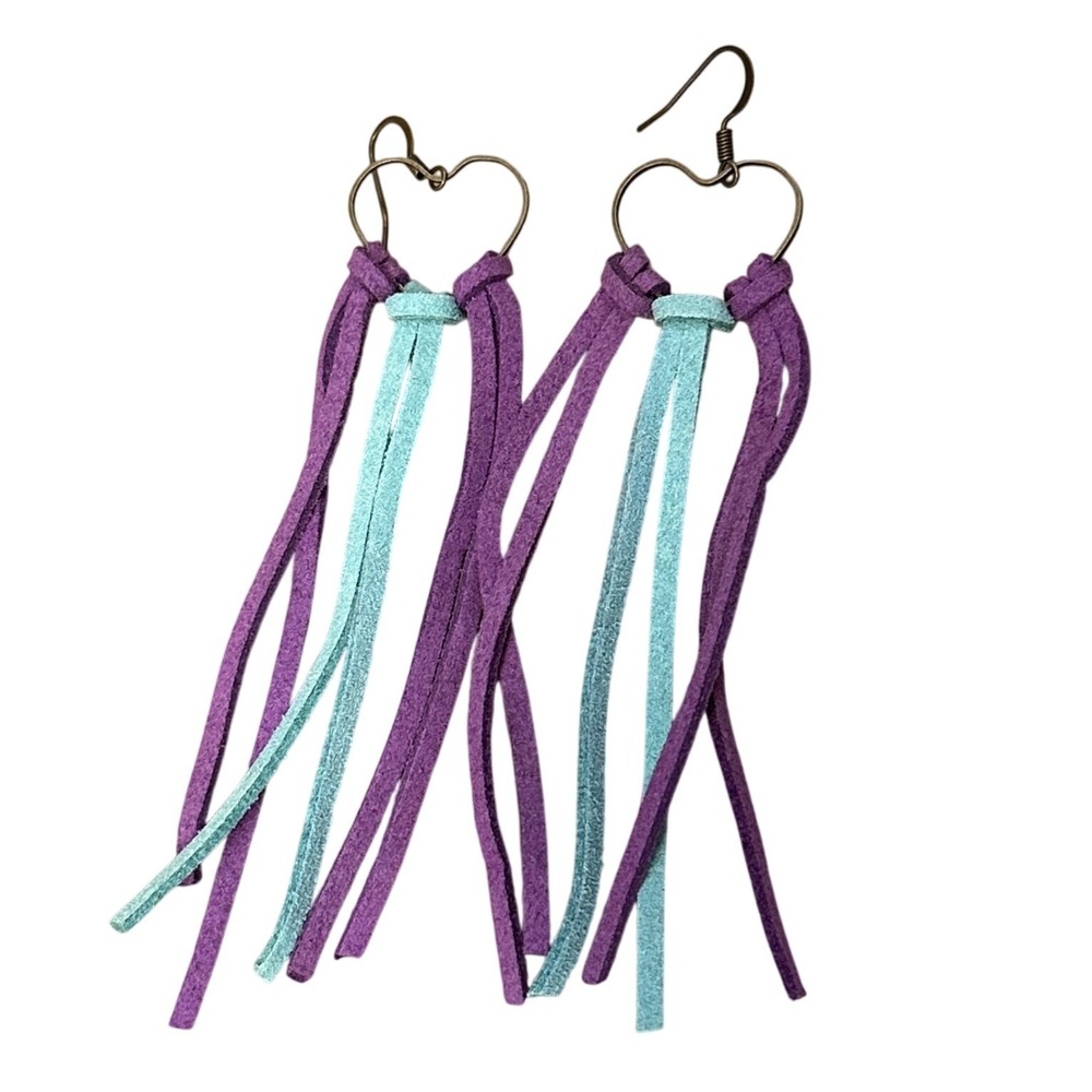 Handcrafted Purple Turquoise Faux Suede Fringe‎ Heart Dangle Earrings Boho New